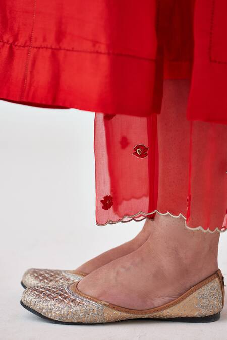 Janki India_Red Silk, Organza Embroidery Round Neck Dupion Kurta Set _at_Aza_Fashions