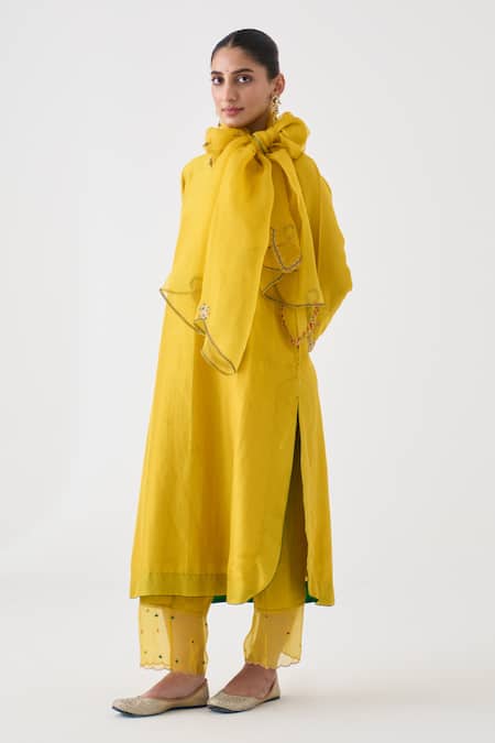 Shop_Janki India_Yellow Silk, Organza Embroidery Round , Keyhole Kurta Set _at_Aza_Fashions