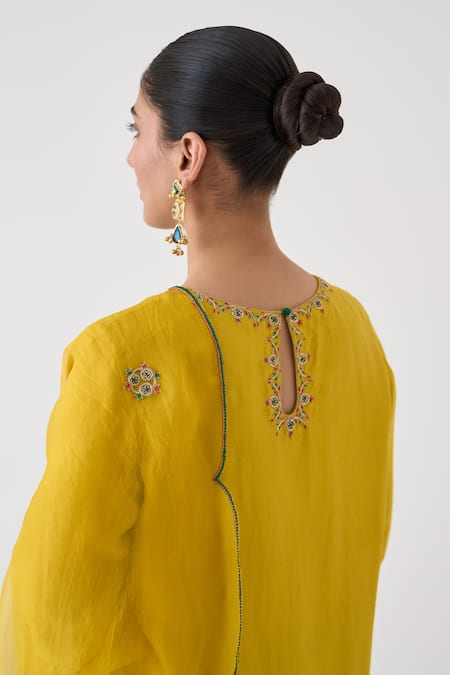Buy_Janki India_Yellow Silk, Organza Embroidery Round , Keyhole Kurta Set _Online_at_Aza_Fashions