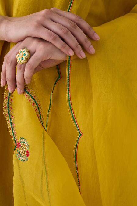Janki India_Yellow Silk, Organza Embroidery Round , Keyhole Kurta Set _at_Aza_Fashions