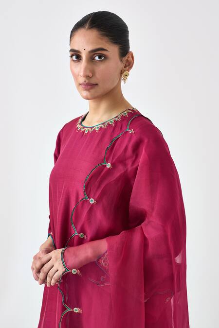 Shop Janki India Wine Silk, Organza Embroidery Round Neck Dupion Kurta Set Online at Aza Fashions Shop_Janki India_Wine Silk, Organza Embroidery Round Neck Dupion Kurta Set _Online_at_Aza_Fashions