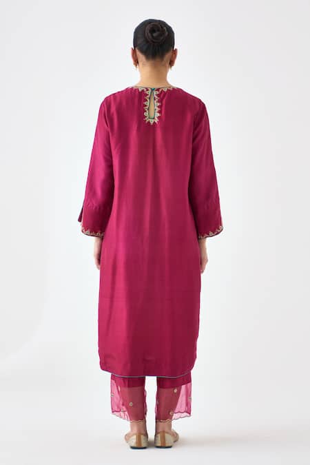 Shop Janki India Wine Silk, Organza Embroidery Round Neck Dupion Kurta Set at Aza Fashions Shop_Janki India_Wine Silk, Organza Embroidery Round Neck Dupion Kurta Set _at_Aza_Fashions