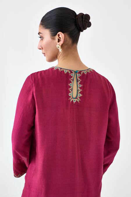 Janki India Wine Silk, Organza Embroidery Round Neck Dupion Kurta Set at Aza Fashions Janki India_Wine Silk, Organza Embroidery Round Neck Dupion Kurta Set _at_Aza_Fashions