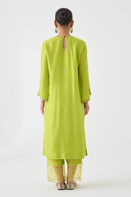 Shop_Janki India_Green Silk, Organza Embroidery Keyhole Neck Lime Kurta Set _at_Aza_Fashions