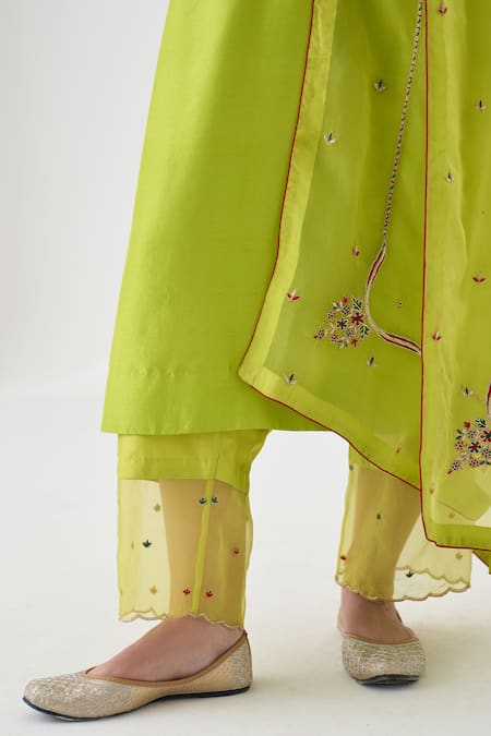 Buy_Janki India_Green Silk, Organza Embroidery Keyhole Neck Lime Kurta Set _Online_at_Aza_Fashions