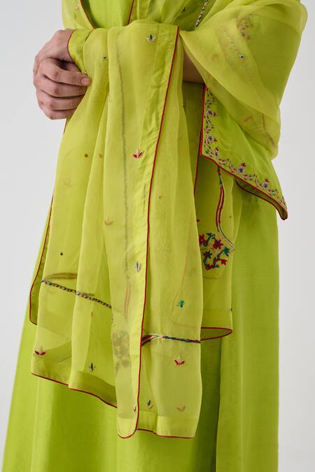 Shop_Janki India_Green Silk, Organza Embroidery Keyhole Neck Lime Kurta Set _Online_at_Aza_Fashions