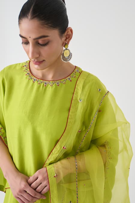 Janki India_Green Silk, Organza Embroidery Keyhole Neck Lime Kurta Set _at_Aza_Fashions
