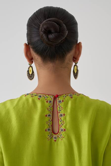 Buy_Janki India_Green Silk, Organza Embroidery Keyhole Neck Lime Kurta Set 
