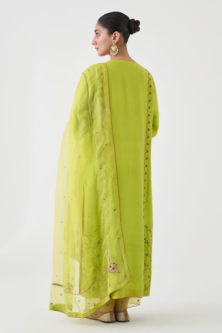 Shop_Janki India_Lavender Silk, Organza Embroidery Round Neck Lime Green Kurta Set _at_Aza_Fashions