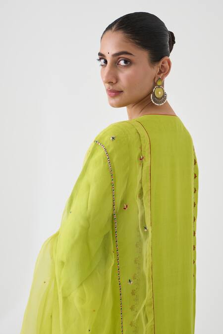 Janki India_Lavender Silk, Organza Embroidery Round Neck Lime Green Kurta Set _Online_at_Aza_Fashions