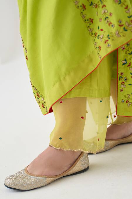 Shop_Janki India_Lavender Silk, Organza Embroidery Round Neck Lime Green Kurta Set _Online_at_Aza_Fashions