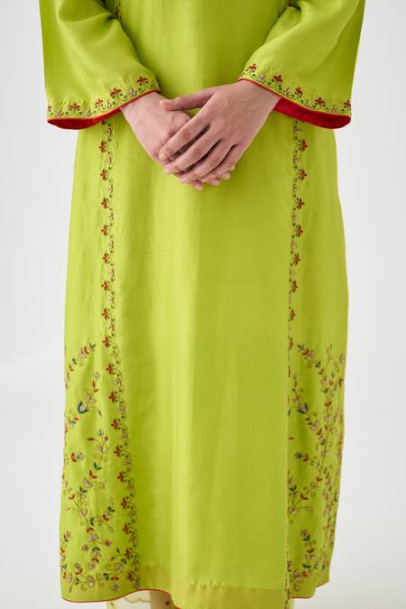Janki India_Lavender Silk, Organza Embroidery Round Neck Lime Green Kurta Set _at_Aza_Fashions