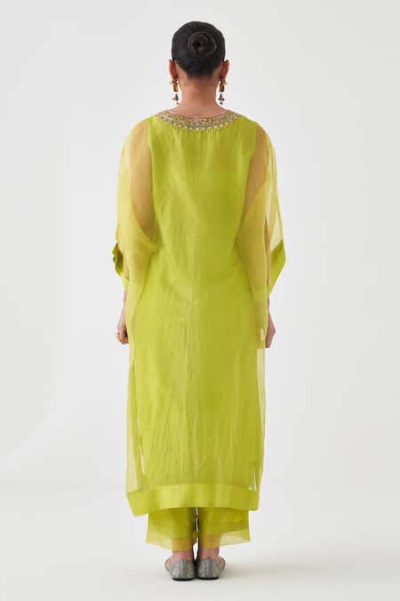 Shop_Janki India_Green Silk, Organza Embroidery V-neck Lime Kaftan Set _at_Aza_Fashions