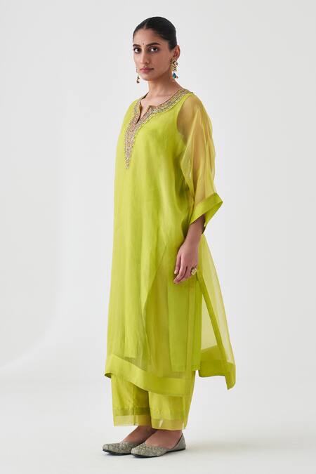 Janki India_Green Silk, Organza Embroidery V-neck Lime Kaftan Set _Online_at_Aza_Fashions