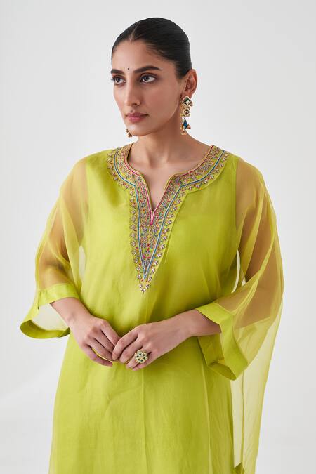 Shop_Janki India_Green Silk, Organza Embroidery V-neck Lime Kaftan Set _Online_at_Aza_Fashions