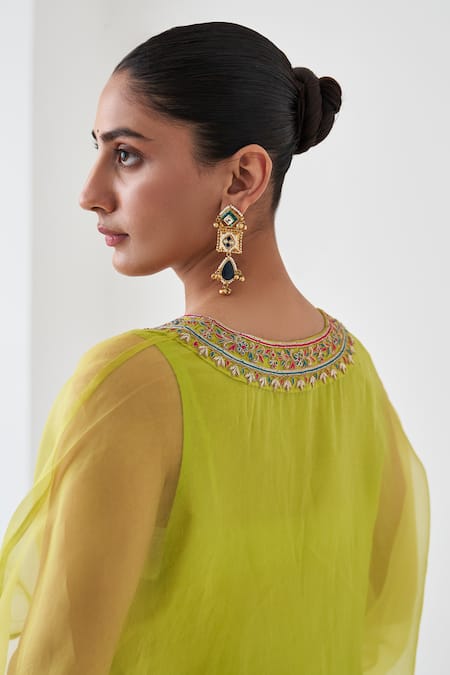 Janki India_Green Silk, Organza Embroidery V-neck Lime Kaftan Set _at_Aza_Fashions