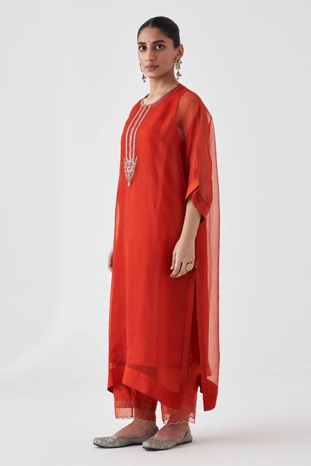 Janki India_Orange Organza, Silk Embroidery Round Neck Kaftan Set _Online_at_Aza_Fashions