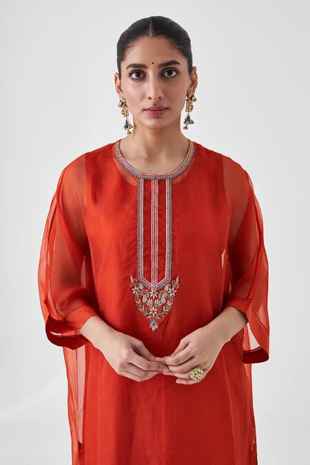 Shop_Janki India_Orange Organza, Silk Embroidery Round Neck Kaftan Set _Online_at_Aza_Fashions