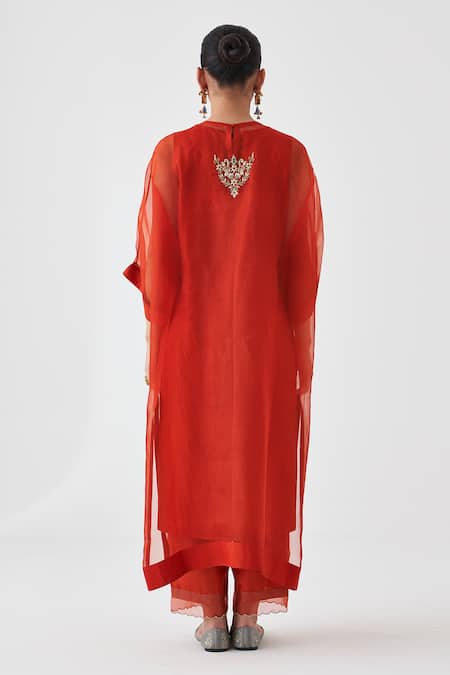 Shop_Janki India_Orange Organza, Silk Embroidery Round Neck Kaftan Set _at_Aza_Fashions