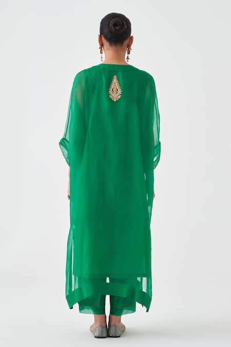 Shop_Janki India_Green Organza, Silk Embroidery Round Neck Kaftan Set _at_Aza_Fashions