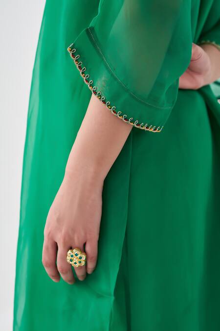 Janki India_Green Organza, Silk Embroidery Round Neck Kaftan Set _Online_at_Aza_Fashions