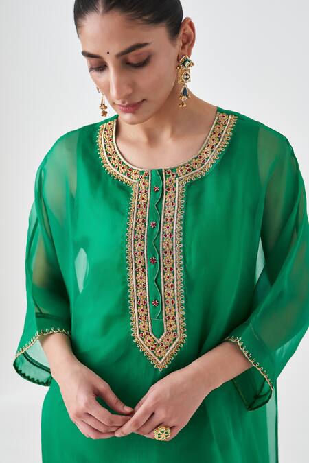Shop_Janki India_Green Organza, Silk Embroidery Round Neck Kaftan Set _Online_at_Aza_Fashions