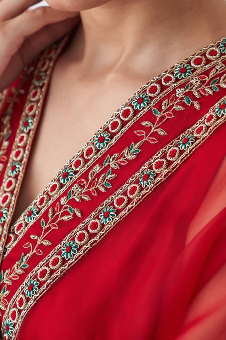 Shop_Janki India_Maroon Organza, Silk Embroidery V-neck Kaftan Set _Online_at_Aza_Fashions