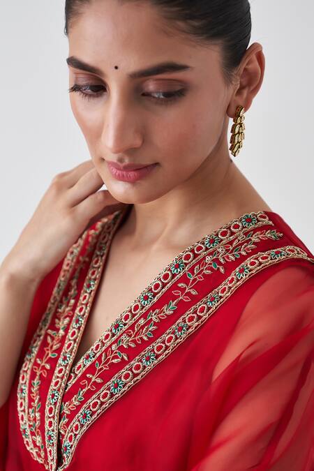 Janki India_Maroon Organza, Silk Embroidery V-neck Kaftan Set _at_Aza_Fashions
