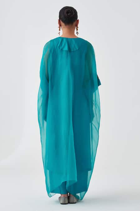Shop_Janki India_Blue Organza, Silk Embroidery V-neck Kaftan Set _at_Aza_Fashions