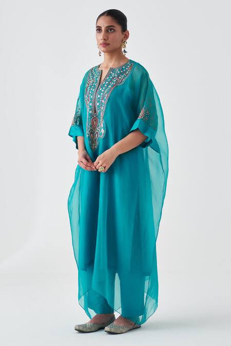 Janki India_Blue Organza, Silk Embroidery V-neck Kaftan Set _Online_at_Aza_Fashions