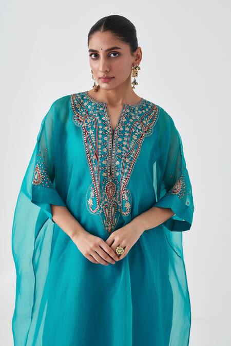 Buy_Janki India_Blue Organza, Silk Embroidery V-neck Kaftan Set _Online_at_Aza_Fashions