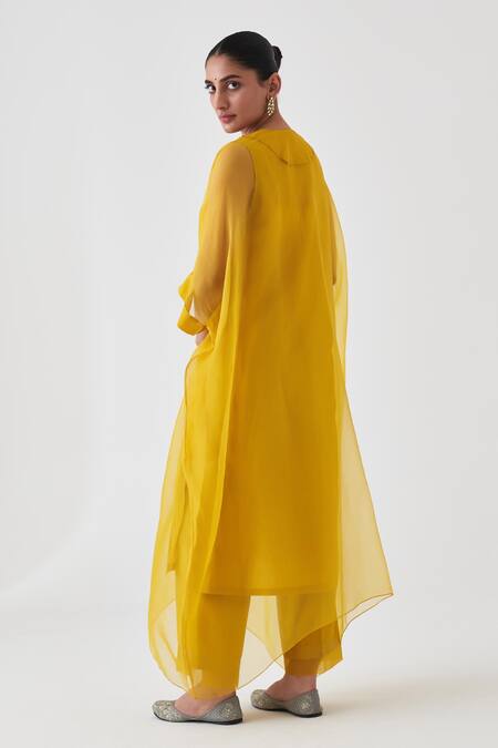 Janki India_Yellow Organza, Silk Embroidery Split V-neck Kaftan Set _Online_at_Aza_Fashions