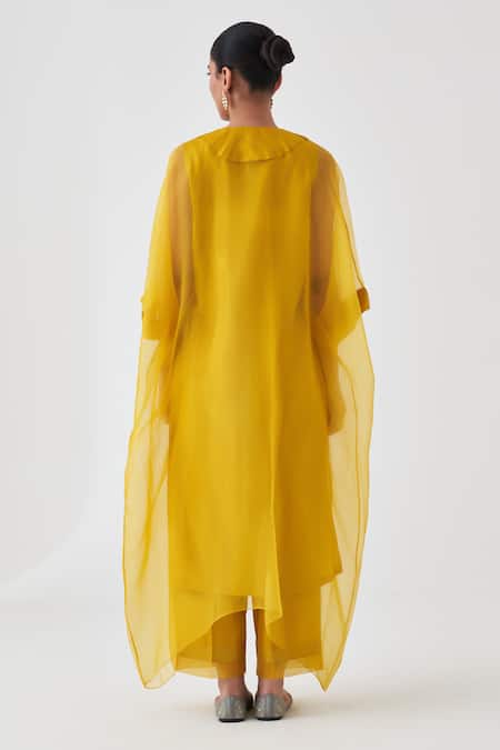 Shop_Janki India_Yellow Organza, Silk Embroidery Split V-neck Kaftan Set _at_Aza_Fashions