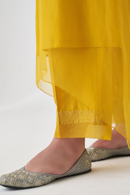 Buy_Janki India_Yellow Organza, Silk Embroidery Split V-neck Kaftan Set _Online_at_Aza_Fashions