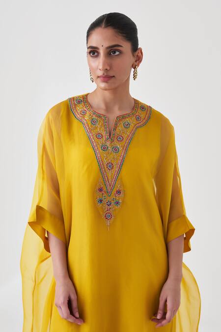 Shop_Janki India_Yellow Organza, Silk Embroidery Split V-neck Kaftan Set _Online_at_Aza_Fashions