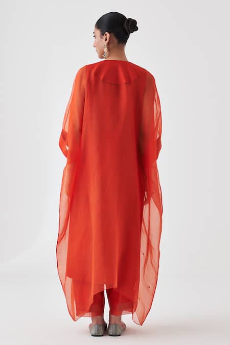 Shop Janki India Orange Organza, Silk Split V-neck Embroidered Kaftan Set at Aza Fashions Shop_Janki India_Orange Organza, Silk Split V-neck Embroidered Kaftan Set _at_Aza_Fashions