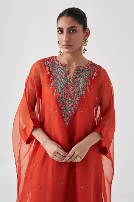 Buy Janki India Orange Organza, Silk Split V-neck Embroidered Kaftan Set Online at Aza Fashions Buy_Janki India_Orange Organza, Silk Split V-neck Embroidered Kaftan Set _Online_at_Aza_Fashions