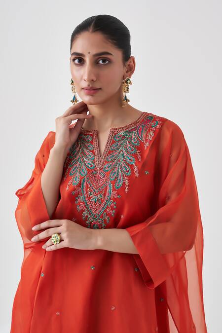 Shop Janki India Orange Organza, Silk Split V-neck Embroidered Kaftan Set Online at Aza Fashions Shop_Janki India_Orange Organza, Silk Split V-neck Embroidered Kaftan Set _Online_at_Aza_Fashions