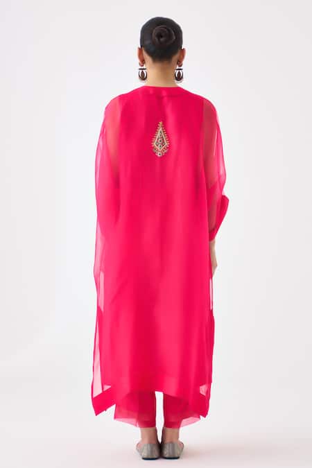 Shop_Janki India_Pink Organza, Silk Embroidery Round Neck Kaftan Set _at_Aza_Fashions