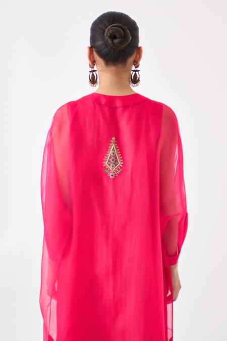 Janki India_Pink Organza, Silk Embroidery Round Neck Kaftan Set _Online_at_Aza_Fashions