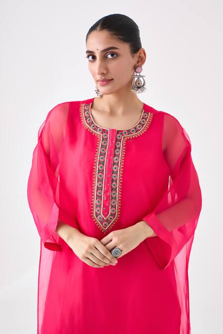 Buy_Janki India_Pink Organza, Silk Embroidery Round Neck Kaftan Set _Online_at_Aza_Fashions