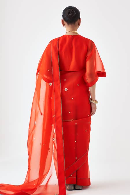 Janki India Embroidered Orange Organza Saree  