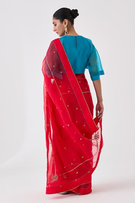 Janki India Embroidered Red Organza Saree  