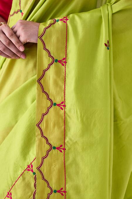Janki India_Lavender Silk, Cotton Embroidery Lime Green And Fuchsia Designer Saree  _Online_at_Aza_Fashions