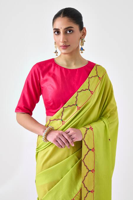 Shop_Janki India_Lavender Silk, Cotton Embroidery Lime Green And Fuchsia Designer Saree  _Online_at_Aza_Fashions