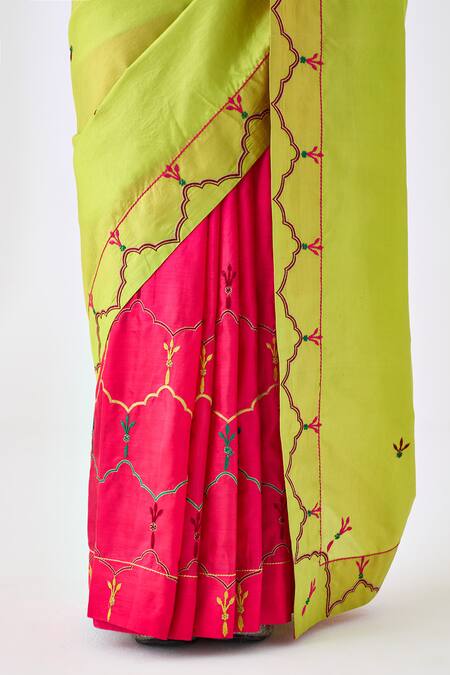 Janki India_Lavender Silk, Cotton Embroidery Lime Green And Fuchsia Designer Saree  _at_Aza_Fashions