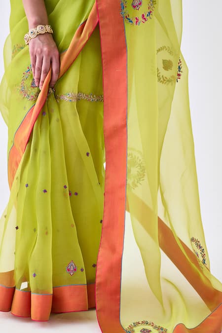 Janki India_Green Organza, Cotton Embroidery Lime Classic Saree _Online_at_Aza_Fashions