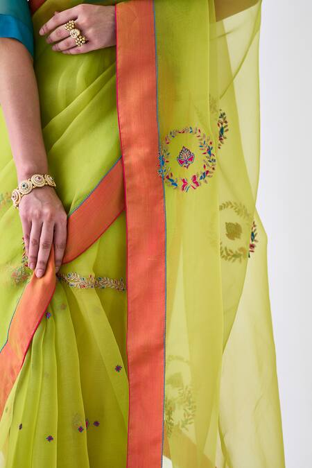 Buy_Janki India_Green Organza, Cotton Embroidery Lime Classic Saree _Online_at_Aza_Fashions