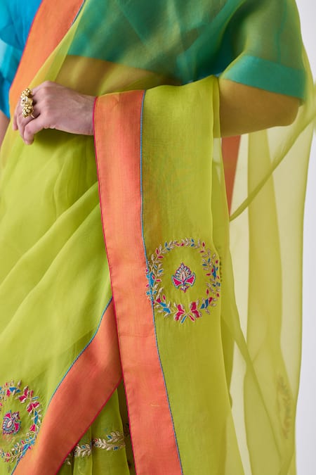 Shop_Janki India_Green Organza, Cotton Embroidery Lime Classic Saree _Online_at_Aza_Fashions