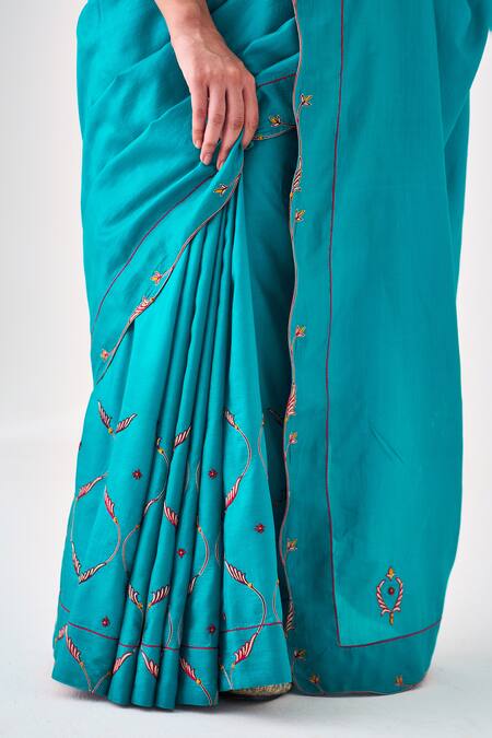 Shop Janki India Blue Silk, Cotton Embroidery Saree Online at Aza Fashions Shop_Janki India_Blue Silk, Cotton Embroidery Saree _Online_at_Aza_Fashions